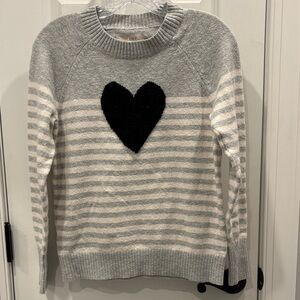 Loft Heart Striped Sweater Gray Grey Black Ivory White XS